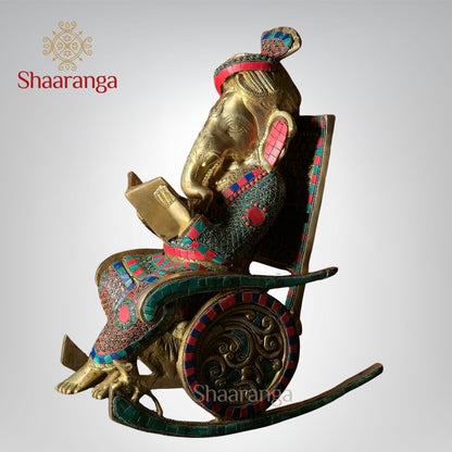 16 Inches Brass Rocking Chair Ganesha Idol with Stone work.