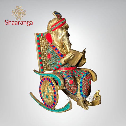 16 Inches Brass Rocking Chair Ganesha Idol with Stone work.