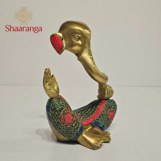8 Inches Brass Modern Ganesha with Stone Work