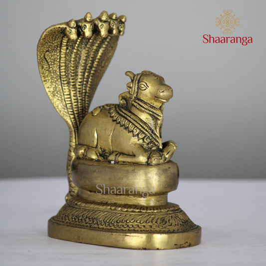 6 Inches Brass Nandi Seated with Snake - Premium Handcrafted Idol