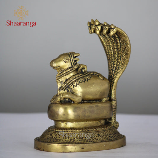 6 Inches Brass Nandi Seated with Snake - Premium Handcrafted Idol