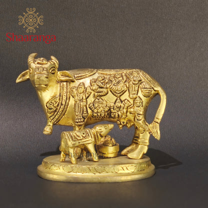 4 Inches Brass Cow & Calf with Divine Depictions