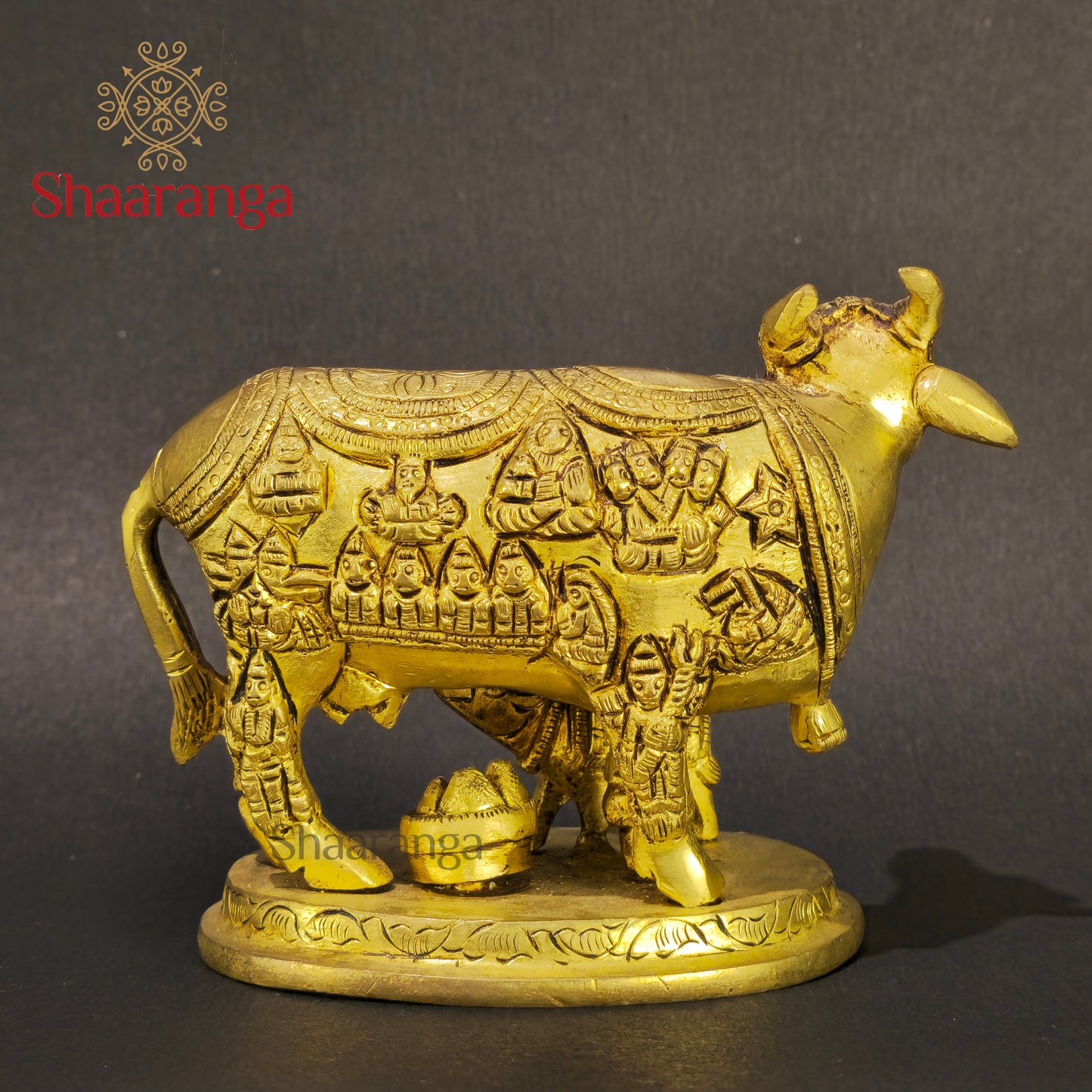 4 Inches Brass Cow & Calf with Divine Depictions