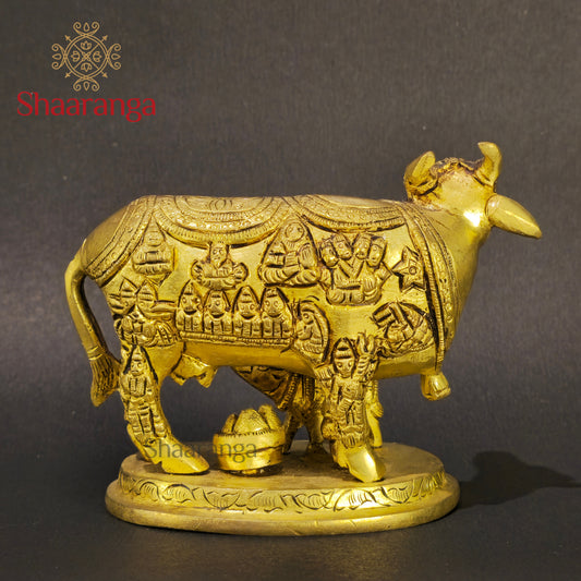 4 Inches Brass Cow & Calf with Divine Depictions