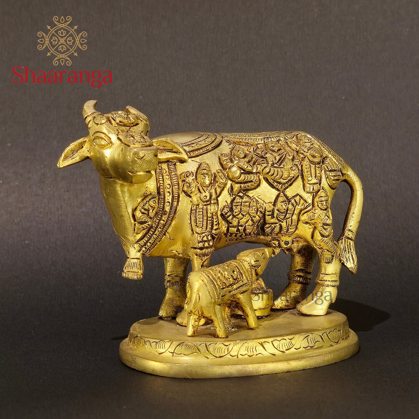 4 Inches Brass Cow & Calf with Divine Depictions