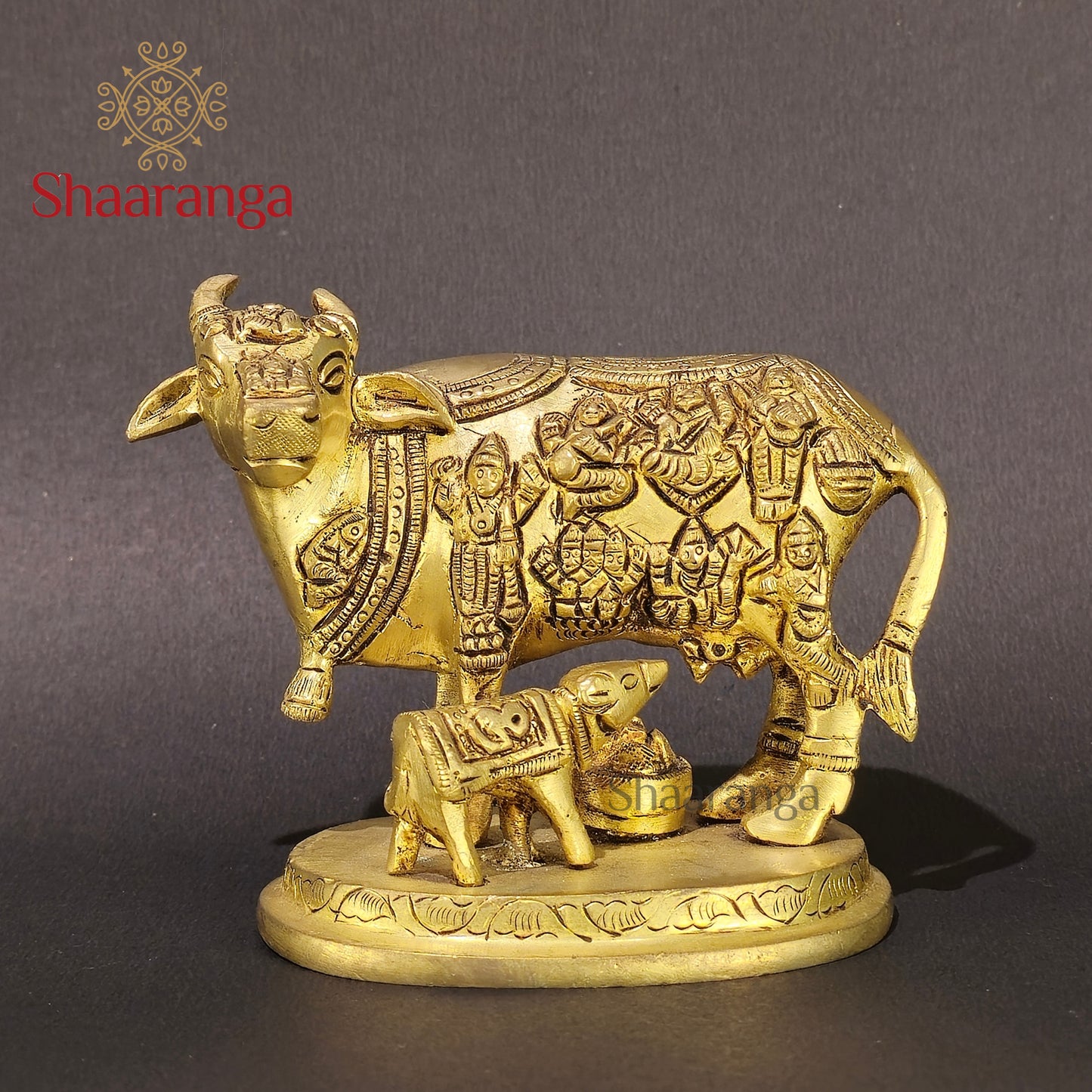 4 Inches Brass Cow & Calf with Divine Depictions
