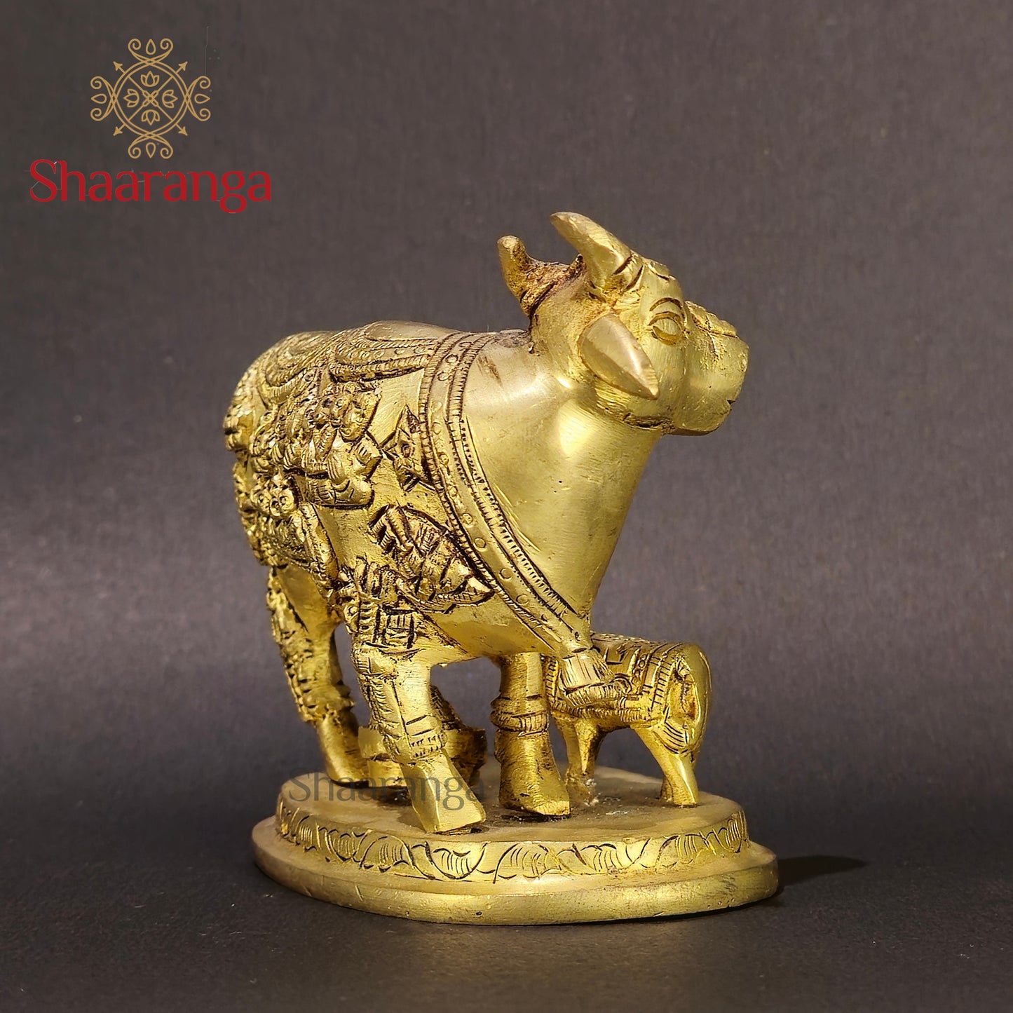 4 Inches Brass Cow & Calf with Divine Depictions