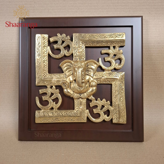 12 Inches  Brass Swastik With Wooden Frame