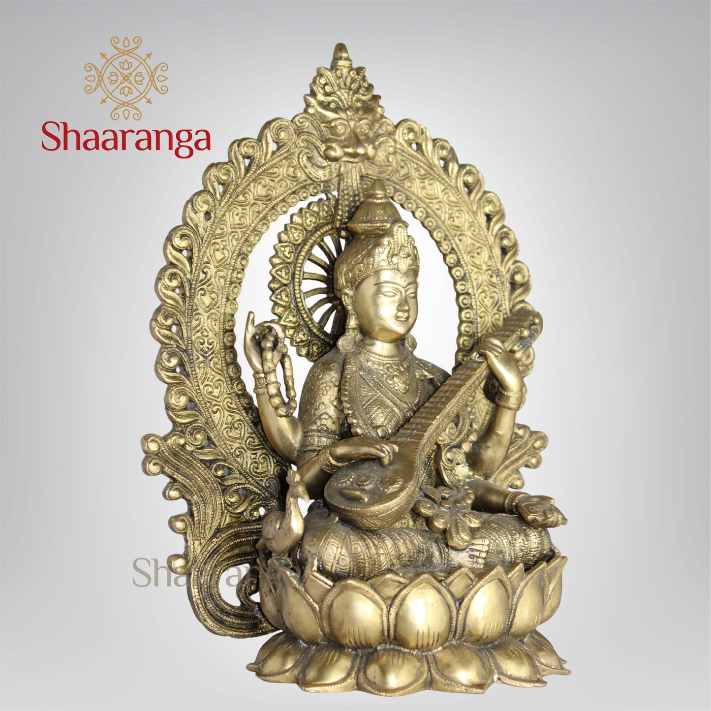 14.5 Inches Brass Saraswathi devi Idol with Arch Sitting on Lotus Base
