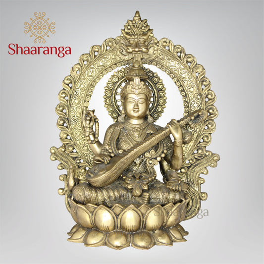 14.5 Inches Brass Saraswathi devi Idol with Arch Sitting on Lotus Base