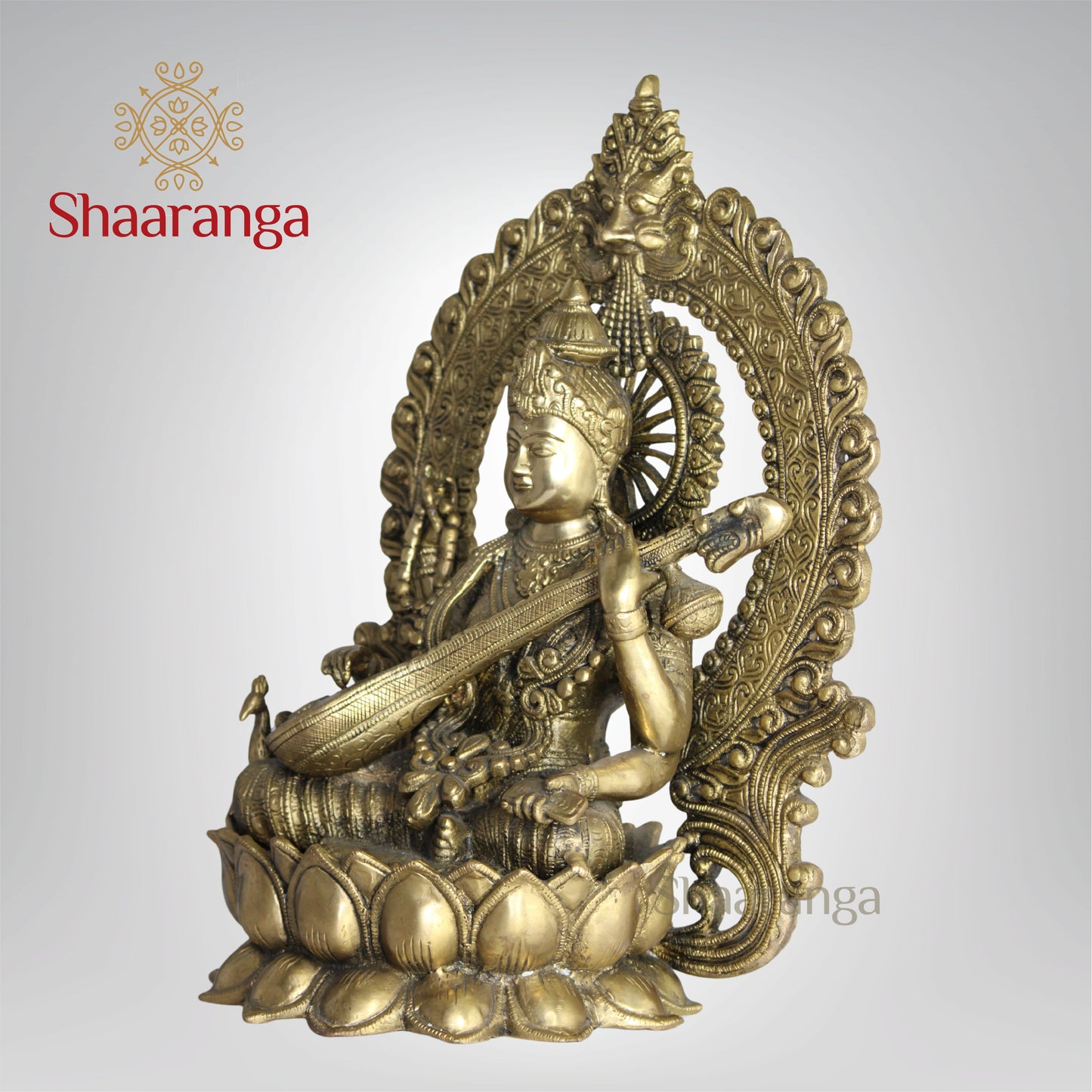 14.5 Inches Brass Saraswathi devi Idol with Arch Sitting on Lotus Base