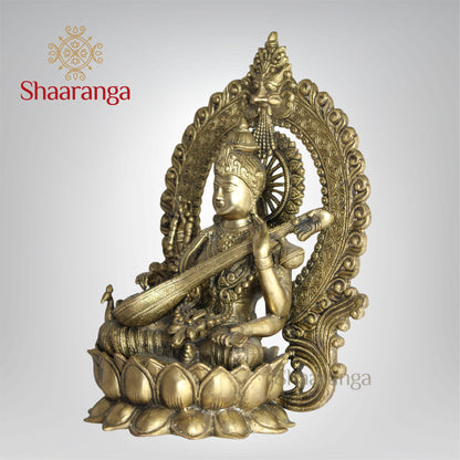14.5 Inches Brass Saraswathi devi Idol with Arch Sitting on Lotus Base