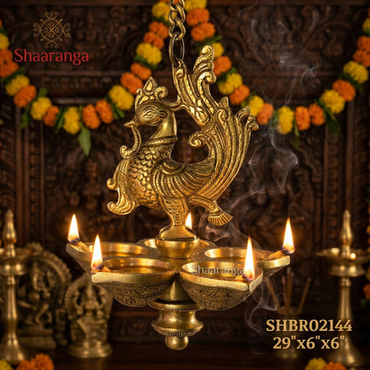 29 Inches Brass Annapakshi Five-Diya Hanging Lamp — A Light of Wisdom & Purity