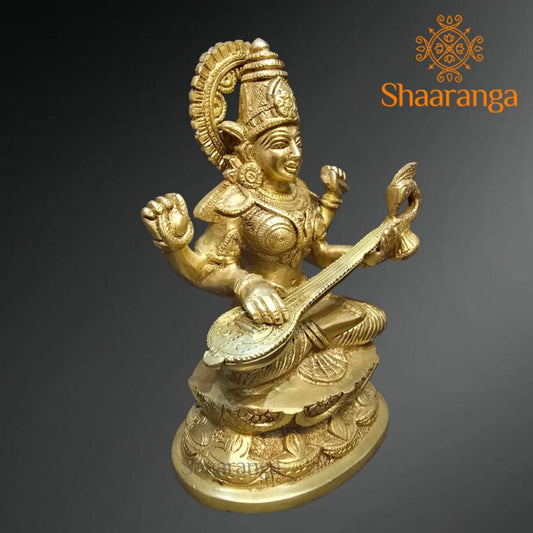 6.5 Inches Brass Saraswati devi Idol Sitting on Base