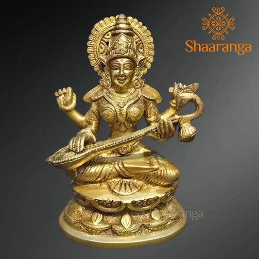 6.5 Inches Brass Saraswati devi Idol Sitting on Base