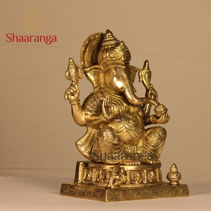 11 Inches Brass Ganesha Sitting On Base Idol.