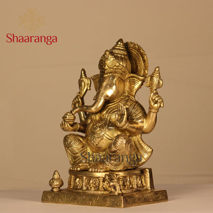 11 Inches Brass Ganesha Sitting On Base Idol.