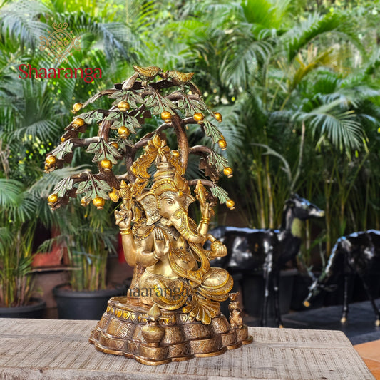 23 Inches Brass Ganesha Idol Sitting Under Tree