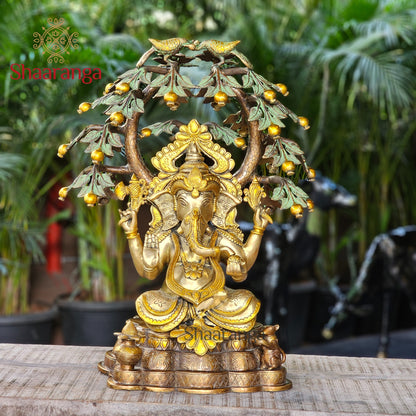 23 Inches Brass Ganesha Idol Sitting Under Tree