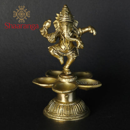5.5 Inches Brass Ganesh Diya - Handcrafted Oil Lamp for Pooja