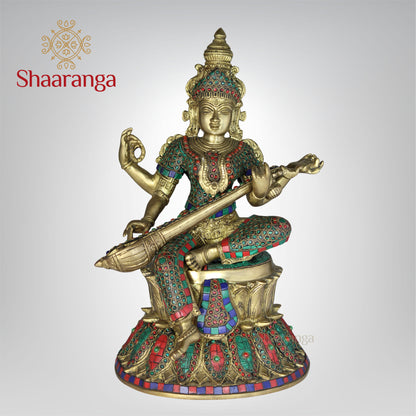 14 Inches Brass Saraswathi devi Idol Sitting on Lotus Base with Stone work