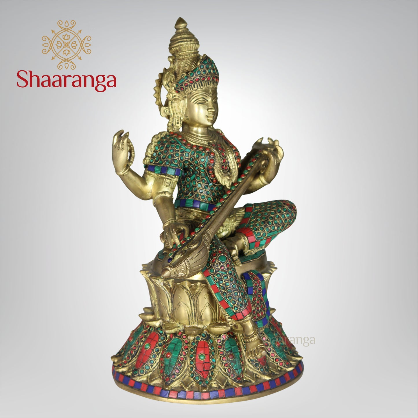 14 Inches Brass Saraswathi devi Idol Sitting on Lotus Base with Stone work