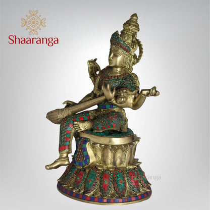 14 Inches Brass Saraswathi devi Idol Sitting on Lotus Base with Stone work