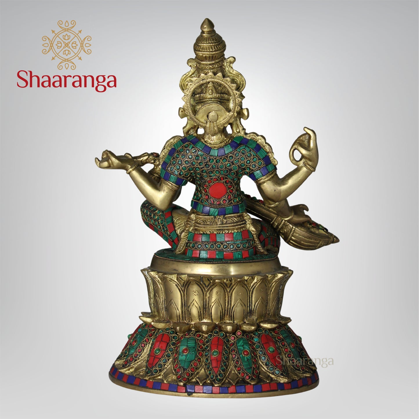 14 Inches Brass Saraswathi devi Idol Sitting on Lotus Base with Stone work