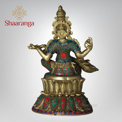 14 Inches Brass Saraswathi devi Idol Sitting on Lotus Base with Stone work