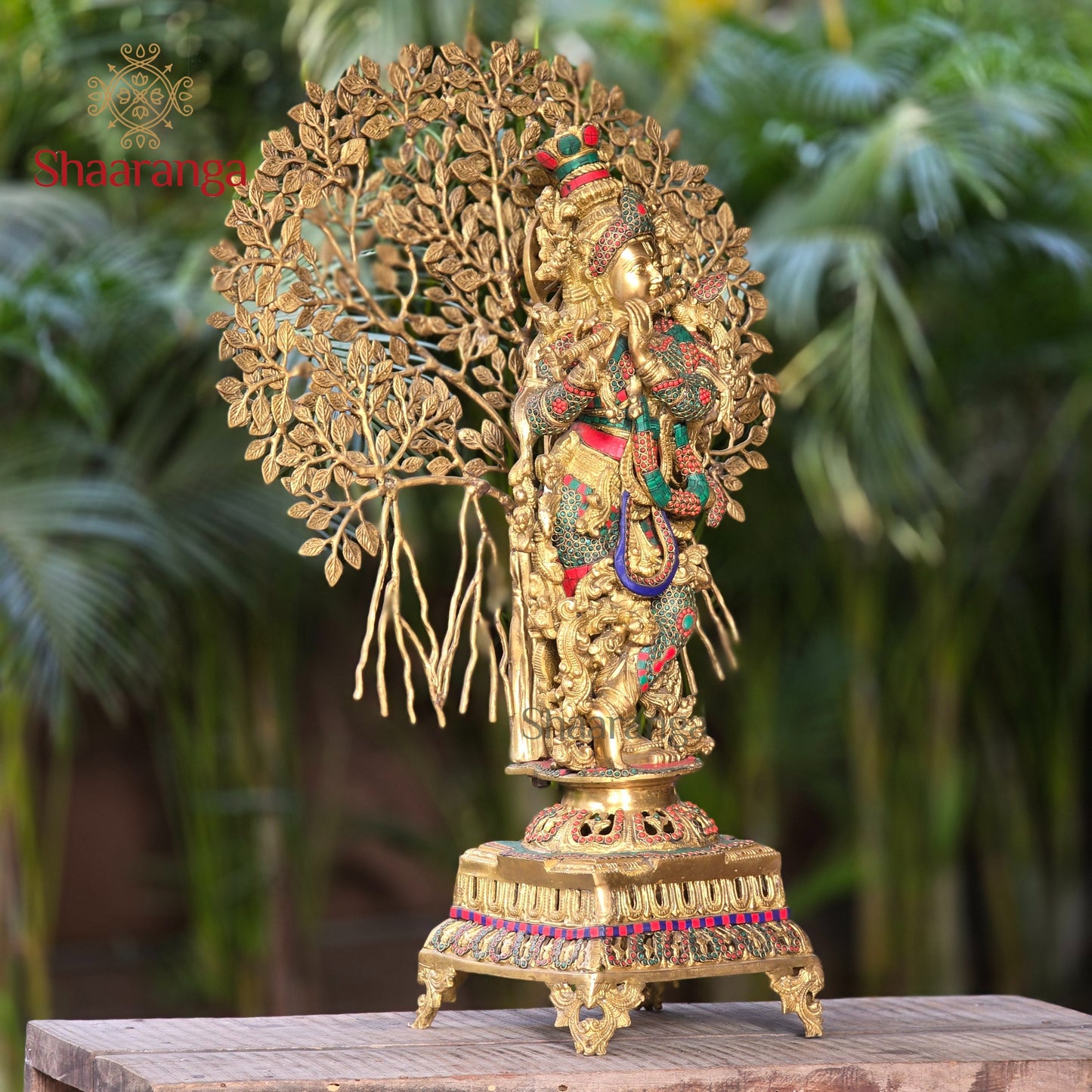 35 Inches Majestic Brass Murali Krishna sculpture with Tree & Stone Work