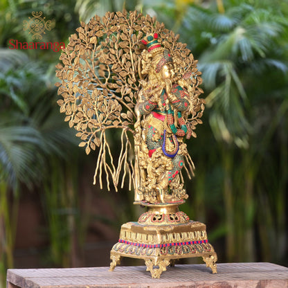 35 Inches Majestic Brass Murali Krishna sculpture with Tree & Stone Work