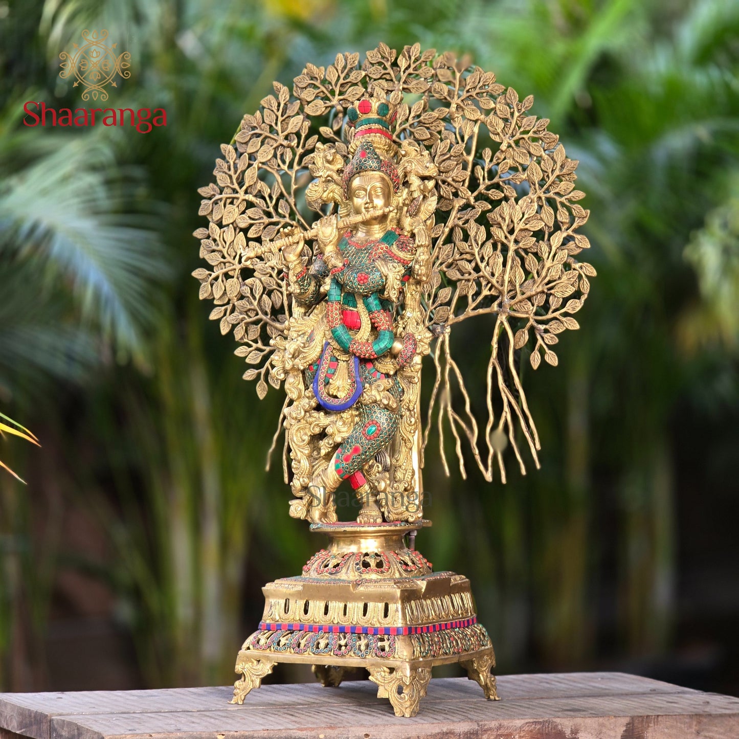 35 Inches Majestic Brass Murali Krishna sculpture with Tree & Stone Work