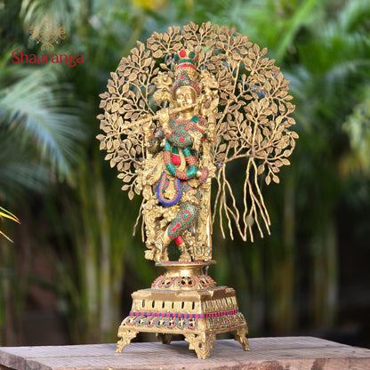 35 Inches Majestic Brass Murali Krishna sculpture with Tree & Stone Work