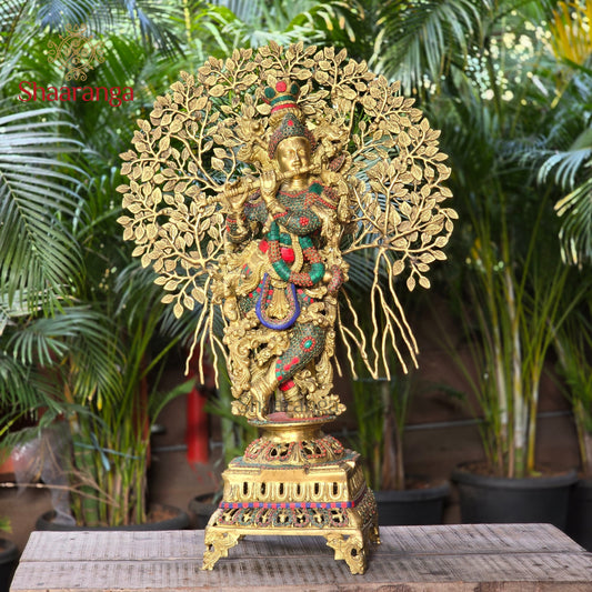 35 Inches Majestic Brass Murali Krishna sculpture with Tree & Stone Work