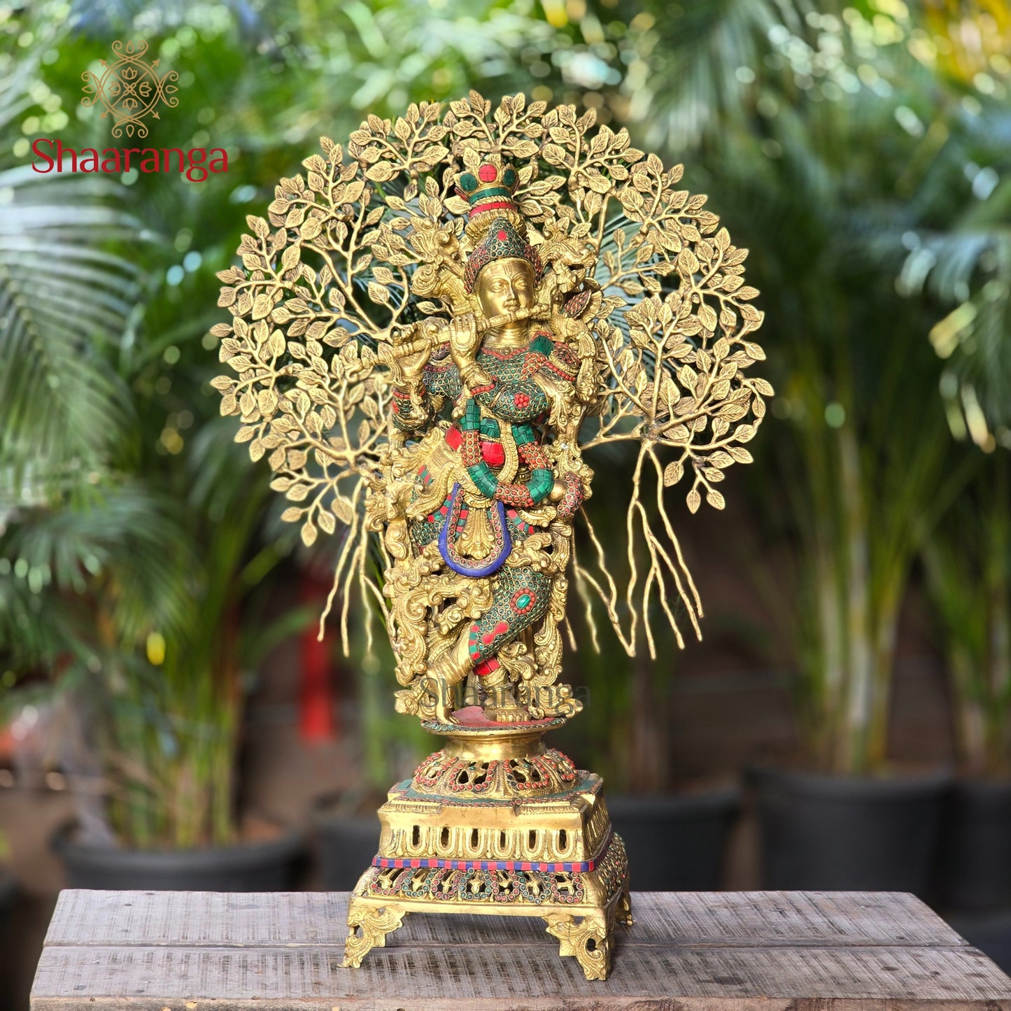 35 Inches Majestic Brass Murali Krishna sculpture with Tree & Stone Work