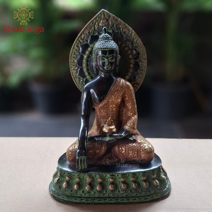 12 Inches Antique-Finish Brass Bhumisparsha Buddha