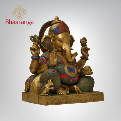 33 inches Abhaya Hasta Chaturbhuja Ganesha | Monumental Brass-Embellished Sculpture