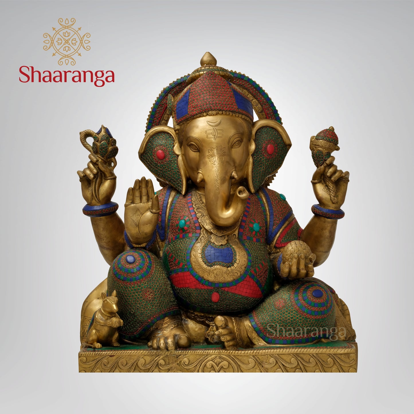 33 inches Abhaya Hasta Chaturbhuja Ganesha | Monumental Brass-Embellished Sculpture