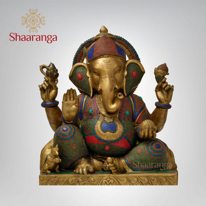 33 inches Abhaya Hasta Chaturbhuja Ganesha | Monumental Brass-Embellished Sculpture