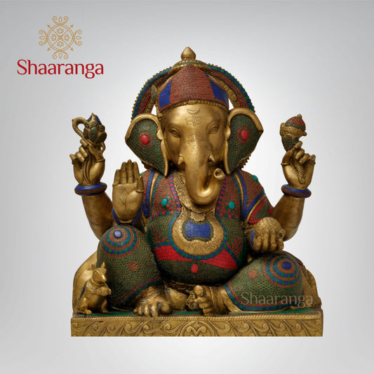 36 inches Abhaya Hasta Chaturbhuja Ganesha | Monumental Brass-Embellished Sculpture