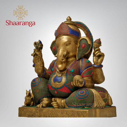 33 inches Abhaya Hasta Chaturbhuja Ganesha | Monumental Brass-Embellished Sculpture