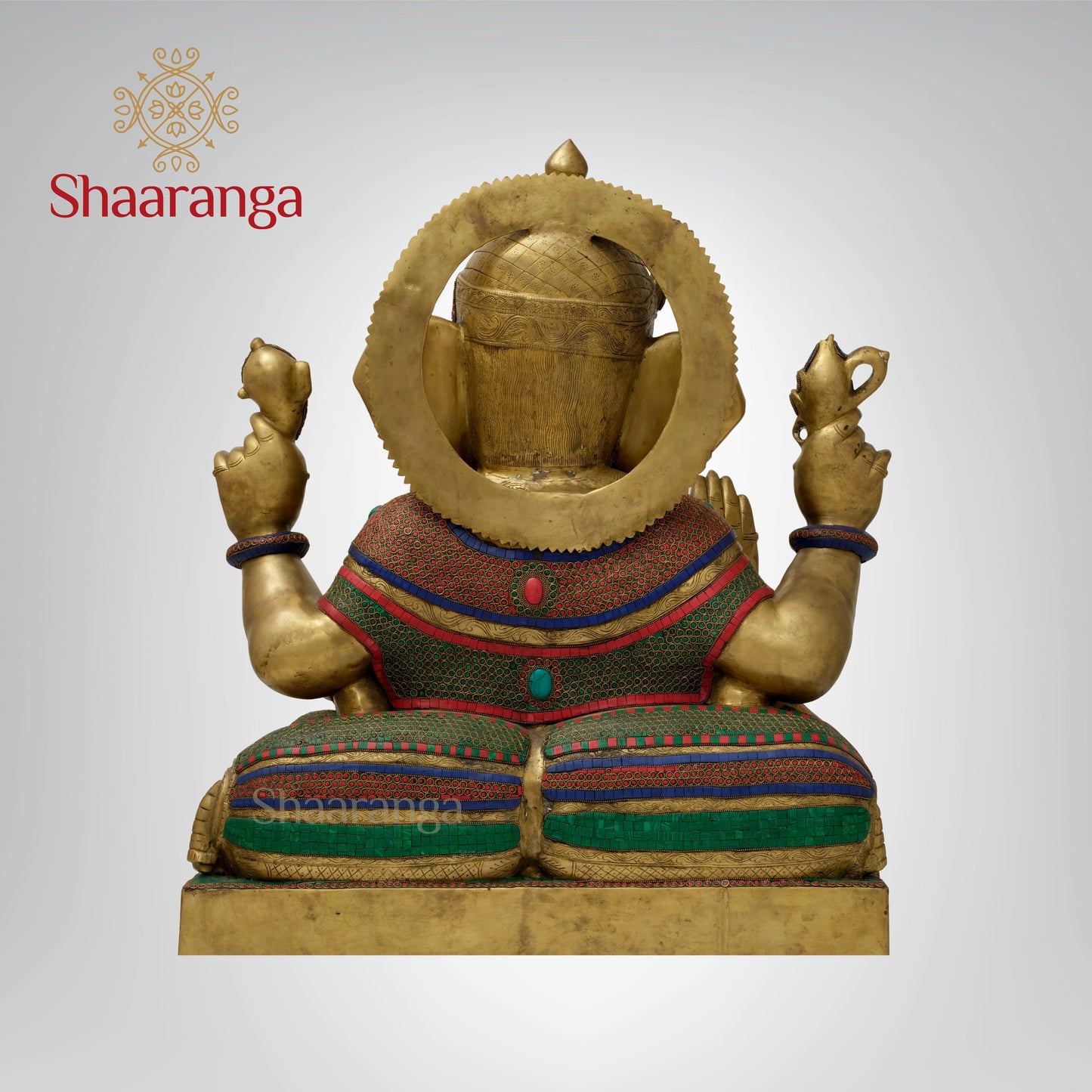 33 inches Abhaya Hasta Chaturbhuja Ganesha | Monumental Brass-Embellished Sculpture