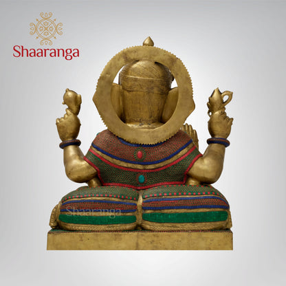 33 inches Abhaya Hasta Chaturbhuja Ganesha | Monumental Brass-Embellished Sculpture
