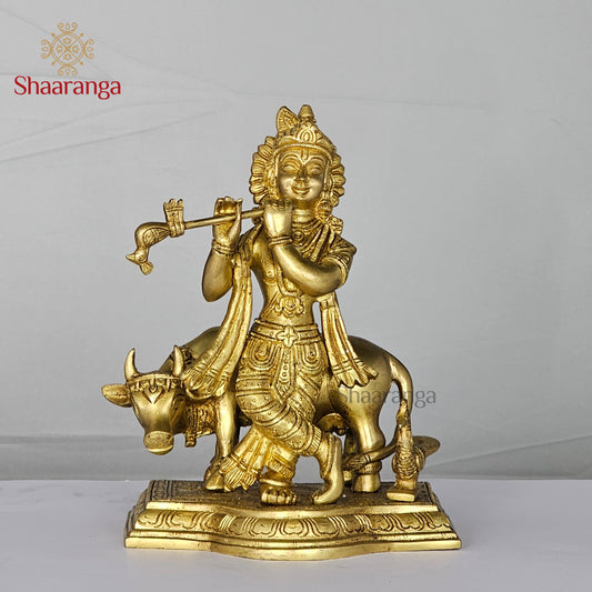 9 Inches Brass Cow Krishna with Base