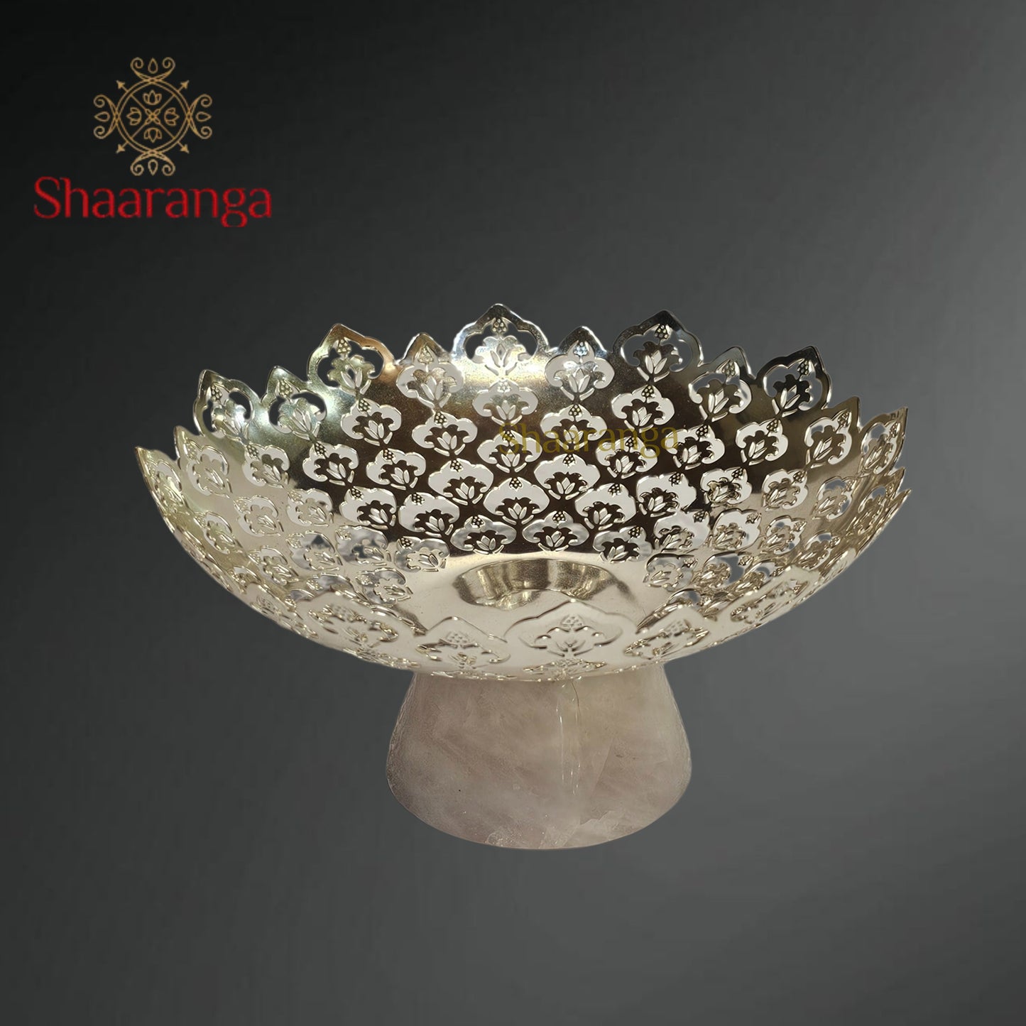 7 × 7 Inches Brass Jali Platter on Rose Quartz Base