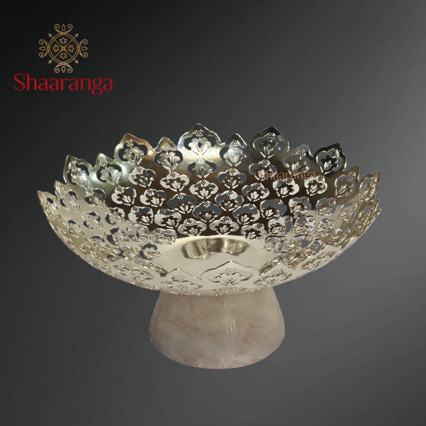 7 × 7 Inches Brass Jali Platter on Rose Quartz Base