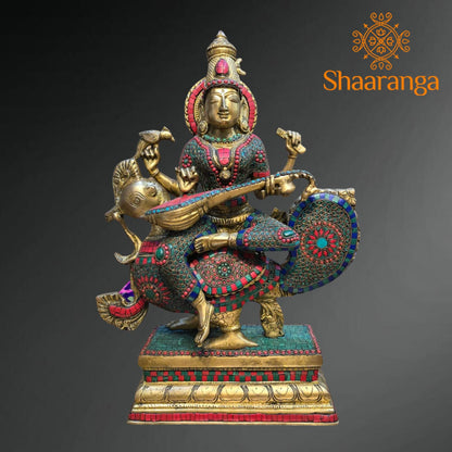 20 Inch Brass Saraswathi devi Idol Sitting On Swan with Stone work.