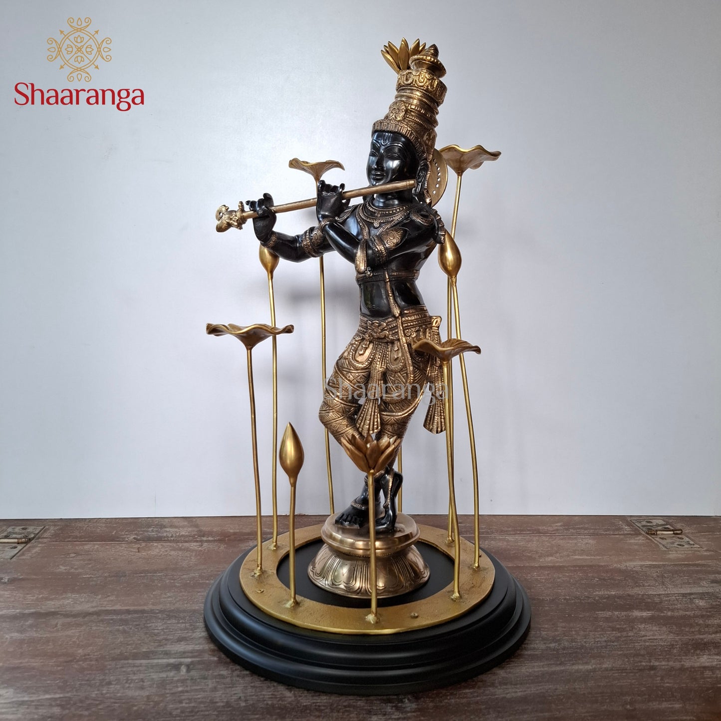 25.5 Inches  Brass Krishna in Black & Gold Finish with Lotus Sculpture Base