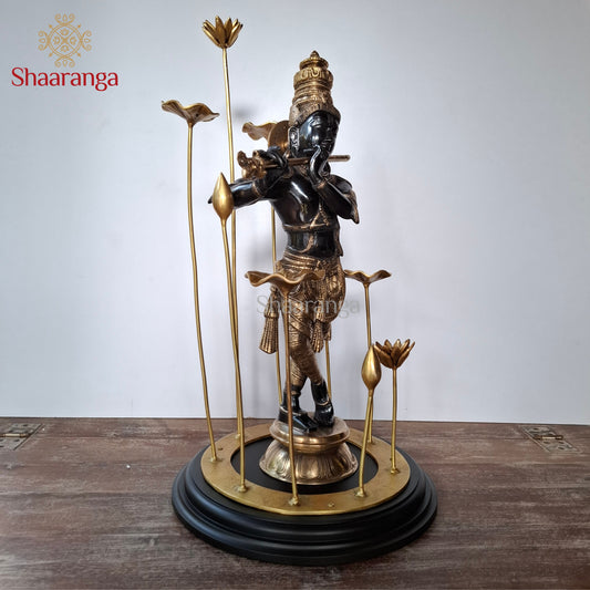 25.5 Inches  Brass Krishna in Black & Gold Finish with Lotus Sculpture Base