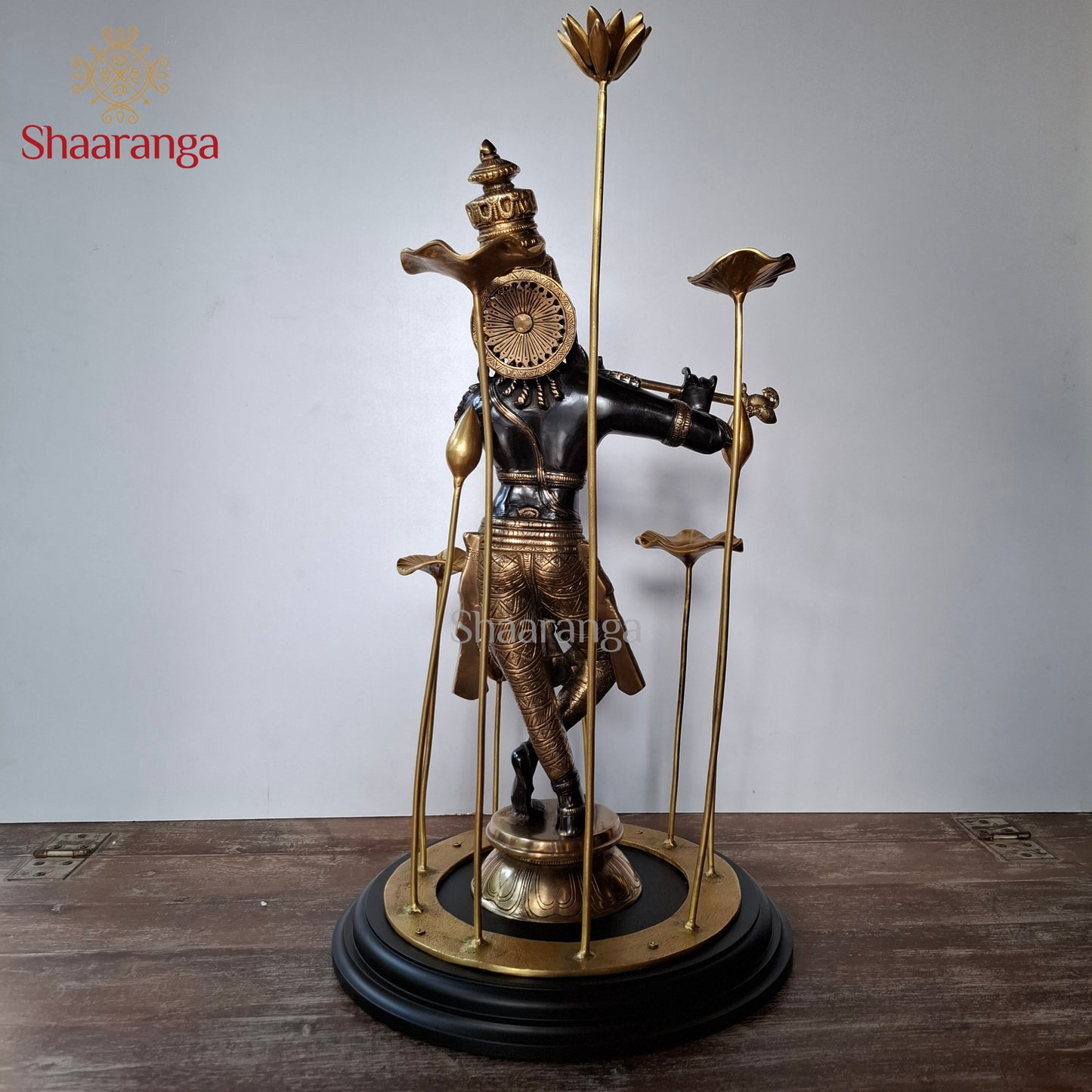25.5 Inches  Brass Krishna in Black & Gold Finish with Lotus Sculpture Base